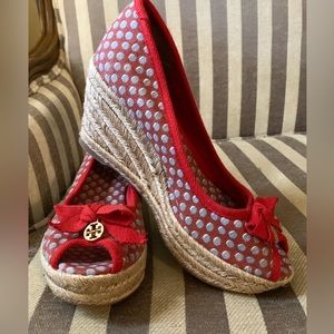 Tory Burch Jackie Peep Toe Jute Wedge Linen Espadrille
